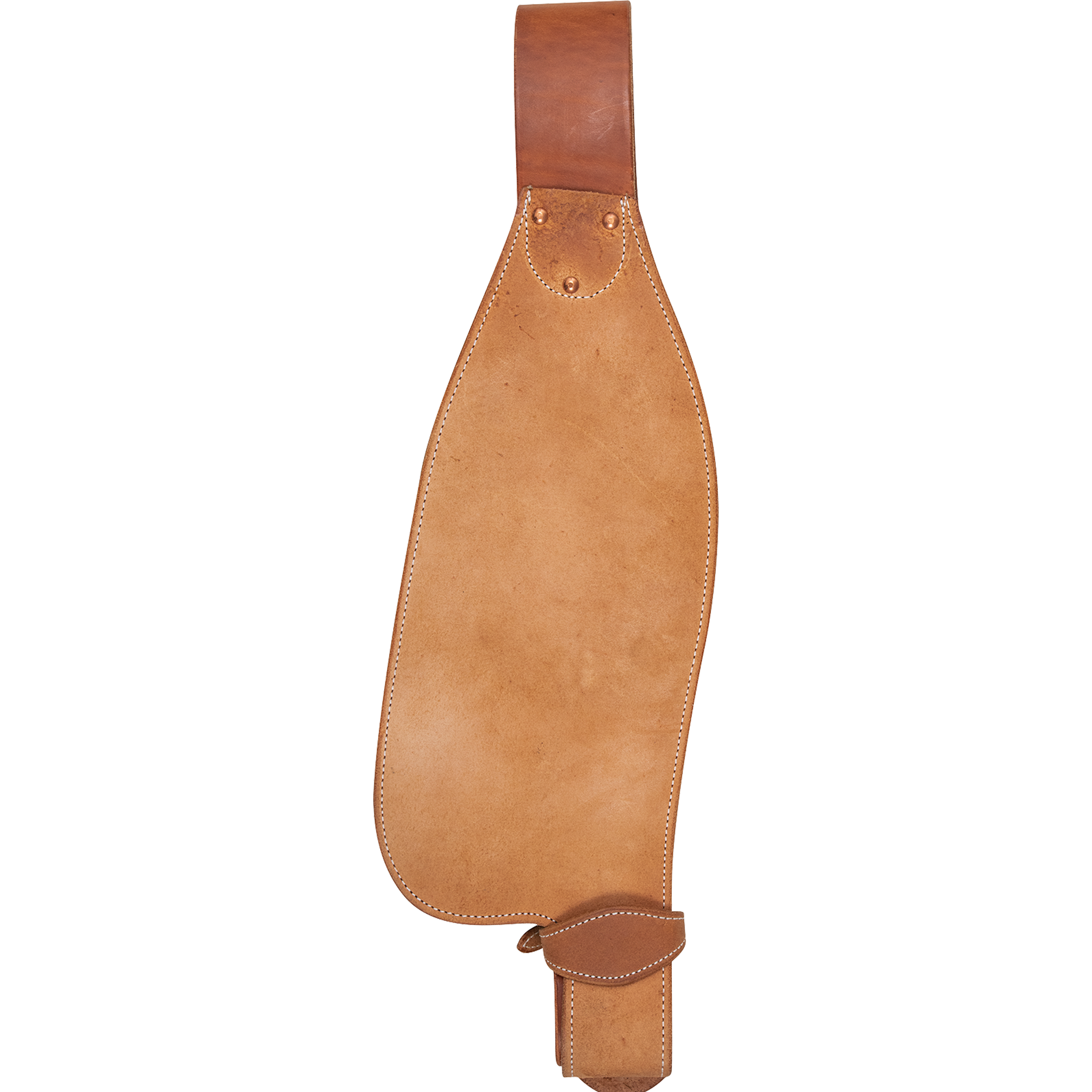 Roper style replacement fender seen from the outside. The roughout leather fender has stitched edges, a smooth leather top strap and a hobble at the bottom.