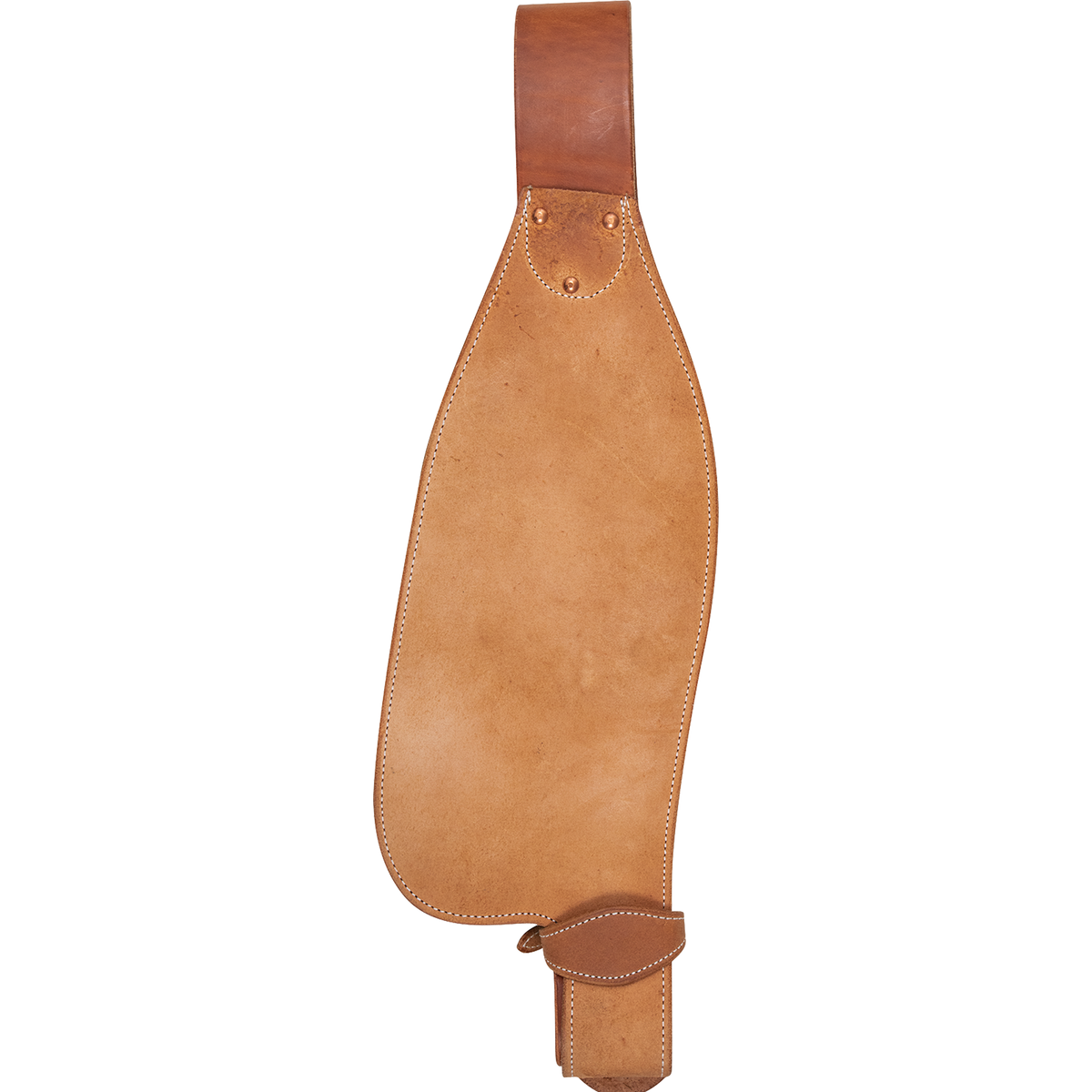 Roper style replacement fender seen from the outside. The roughout leather fender has stitched edges, a smooth leather top strap and a hobble at the bottom.