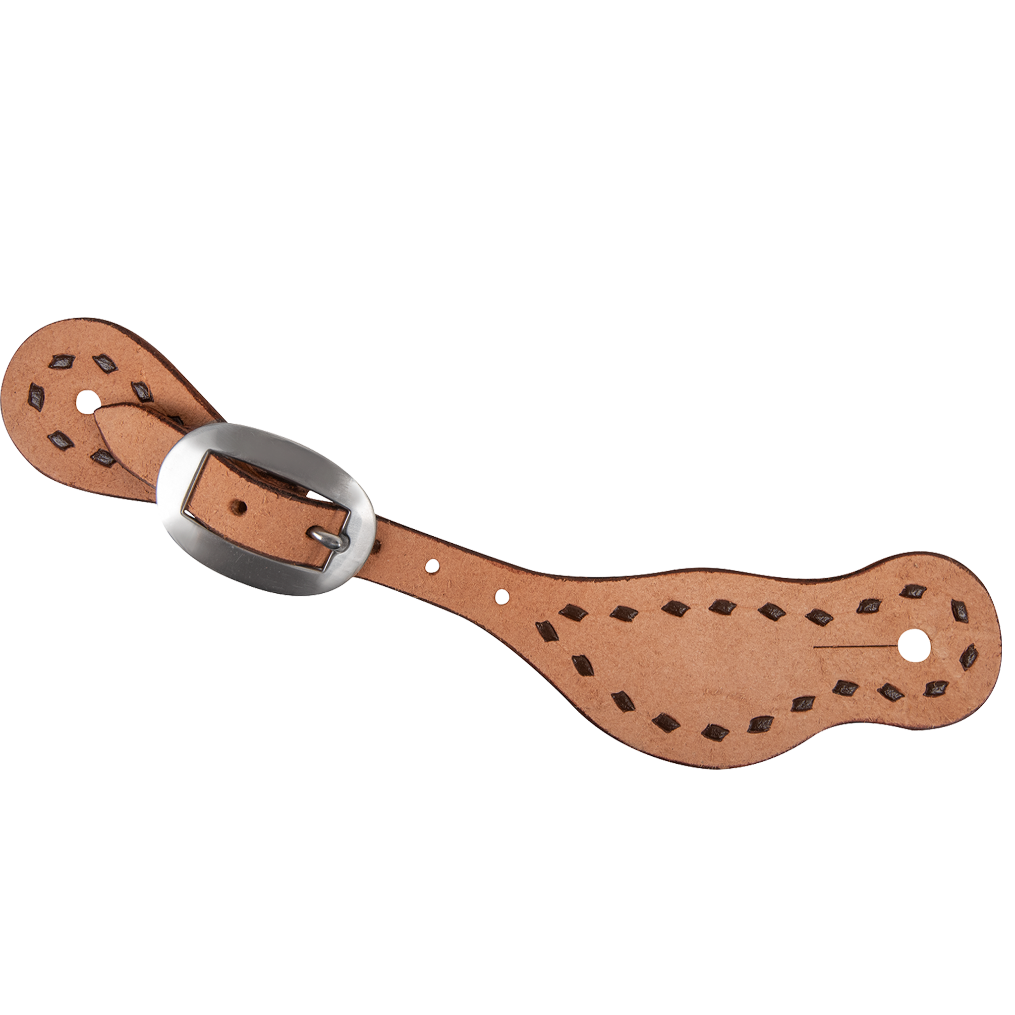 Natural roughout Alpine spur strap with buckstitch, seen from above. Chocolate buckstitching runs around the wide end and the buckle end of the roughout leather.