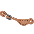 Natural roughout Alpine spur strap with buckstitch, seen from above. Chocolate buckstitching runs around the wide end and the buckle end of the roughout leather.