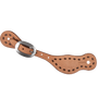 Natural roughout Alpine spur strap with buckstitch, seen from above. Chocolate buckstitching runs around the wide end and the buckle end of the roughout leather.