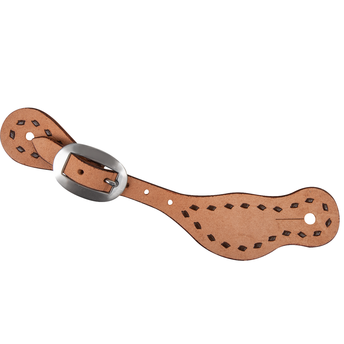 Natural roughout Alpine spur strap with buckstitch, seen from above. Chocolate buckstitching runs around the wide end and the buckle end of the roughout leather.