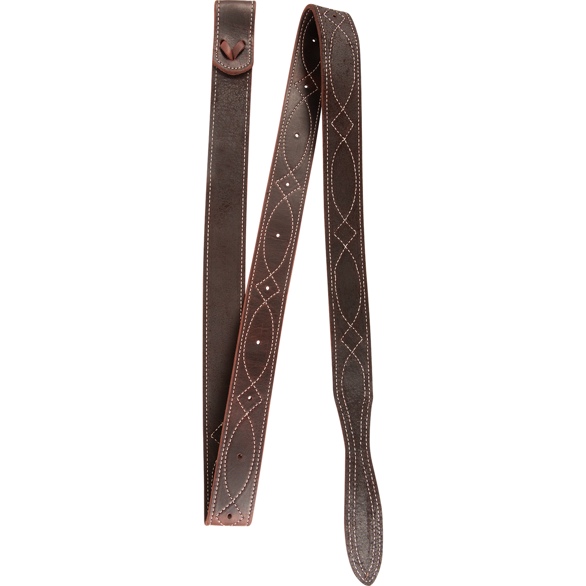 Stitched leather latigo, folded and seen from the front. Diamond pattern stitching runs the length of the dark strap, which has punched holes and a tapered end.