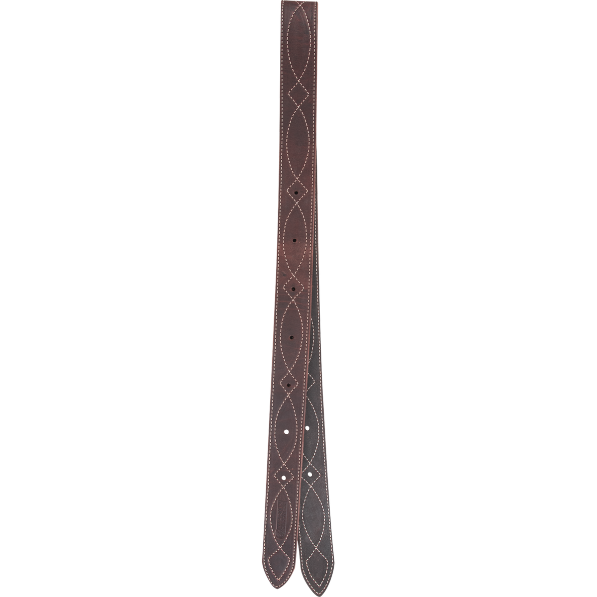 Stitched offside latigo hanging full length, seen from the front. The stitched pattern runs down the dark strap past a row of holes to the pointed ends.