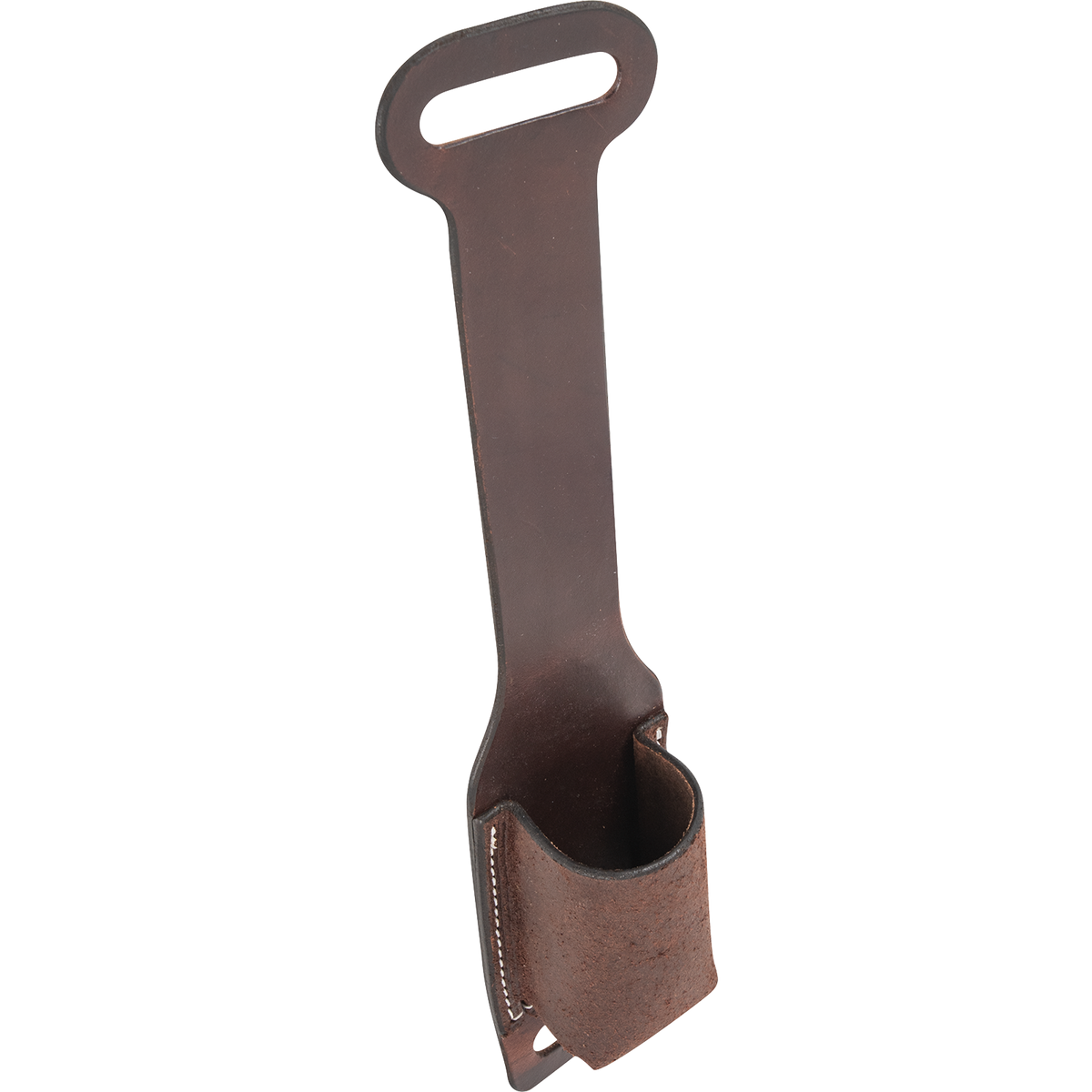 Empty chocolate roughout rope powder holder, seen from the front quarter. The open roughout pocket stands away from the strap, ready for a powder bottle.