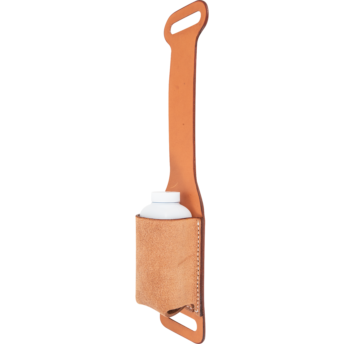 Natural roughout rope powder holder seen from the side, holding a white powder bottle. The roughout pocket is stitched to the smooth natural leather strap.