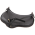 Underside of a leather seat shrinker, showing the black straps that hold it to the cantle. The straps run from grommets at the corners to a ring at the front.
