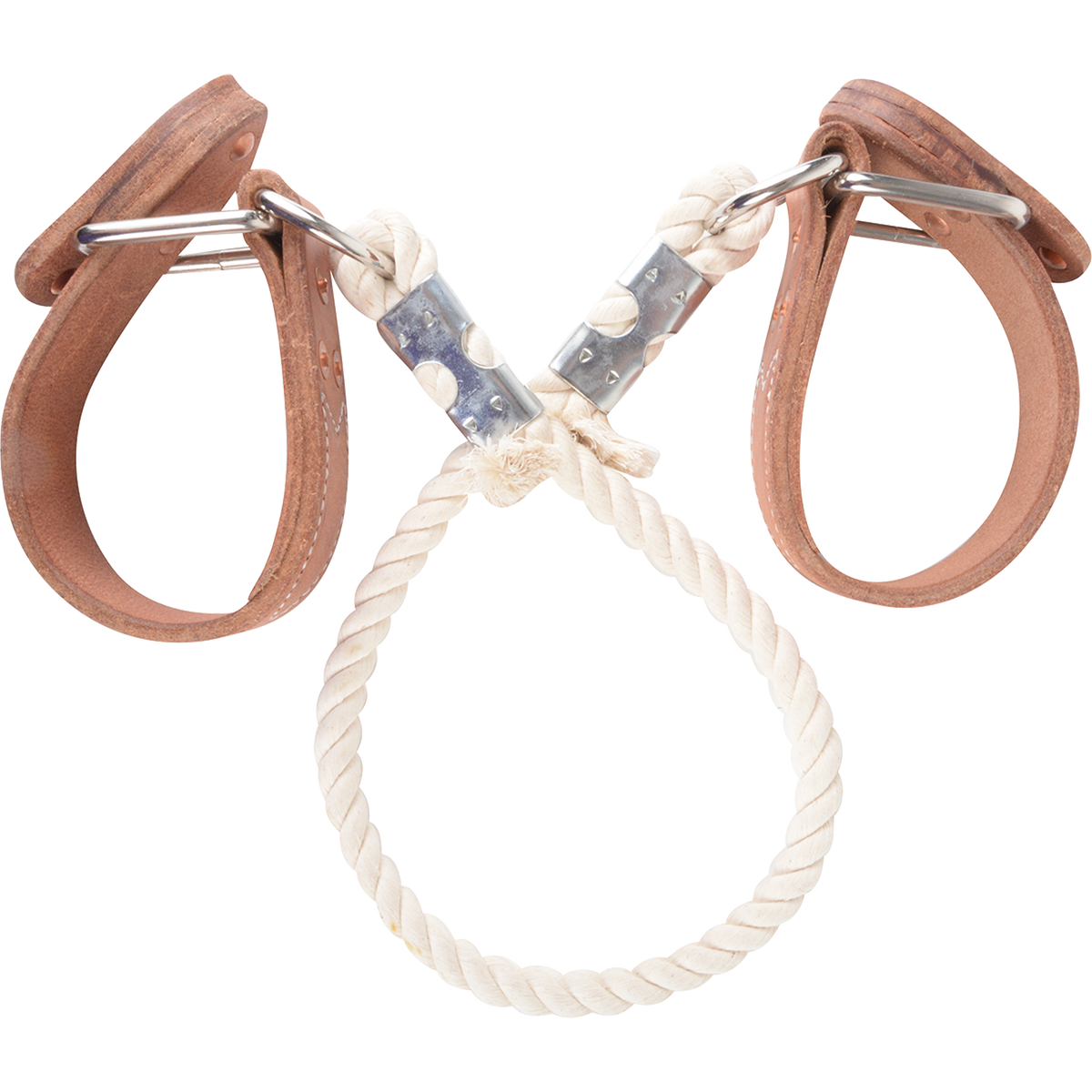 Sideline hobbles seen from above with the leather straps open and the rope looped between them. Metal clamps and rings join the white rope to each leather strap.