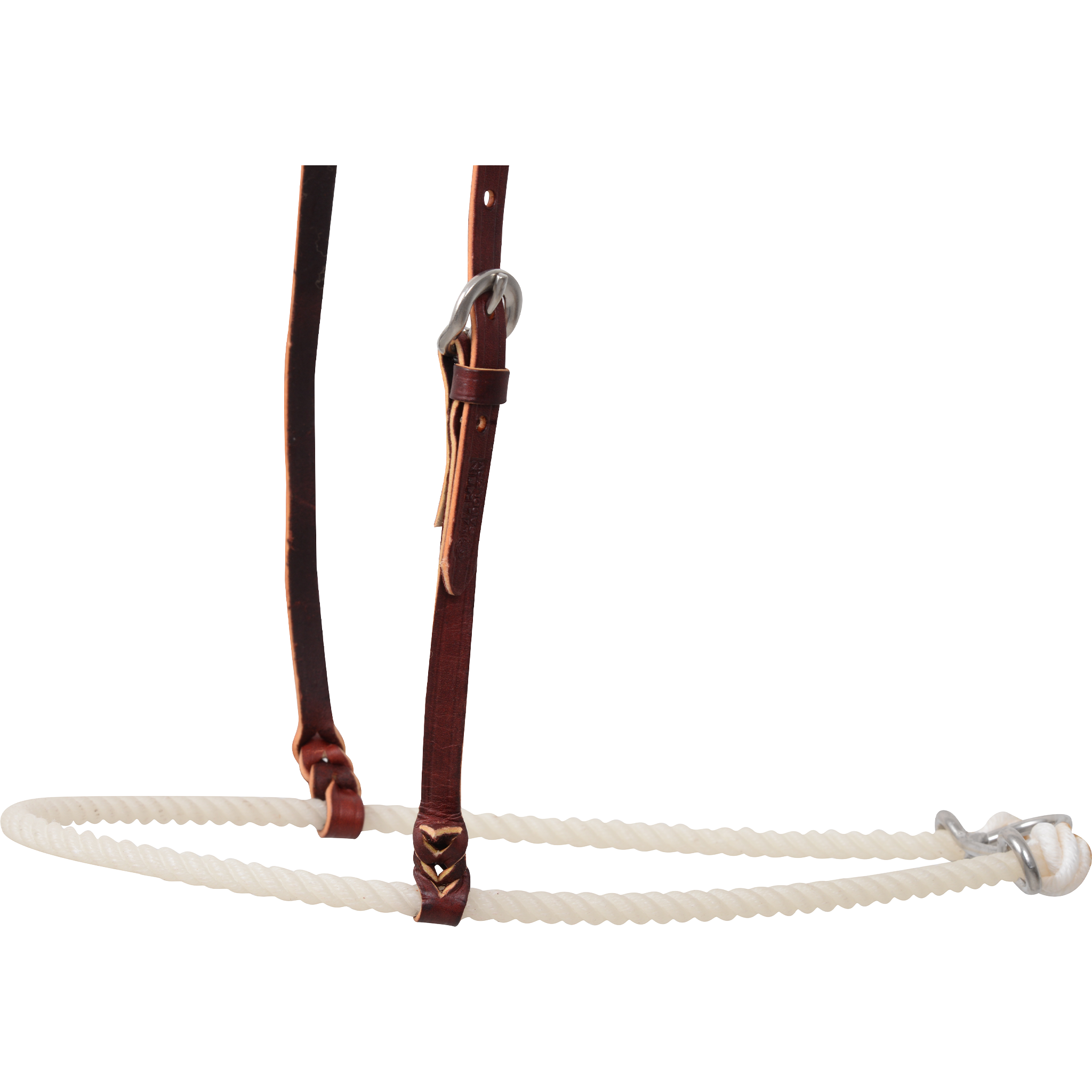 Uncovered white rope of a western single rope noseband, seen closer from the side. Leather hangers tie onto the rope, and hardware joins the rope ends at the back.