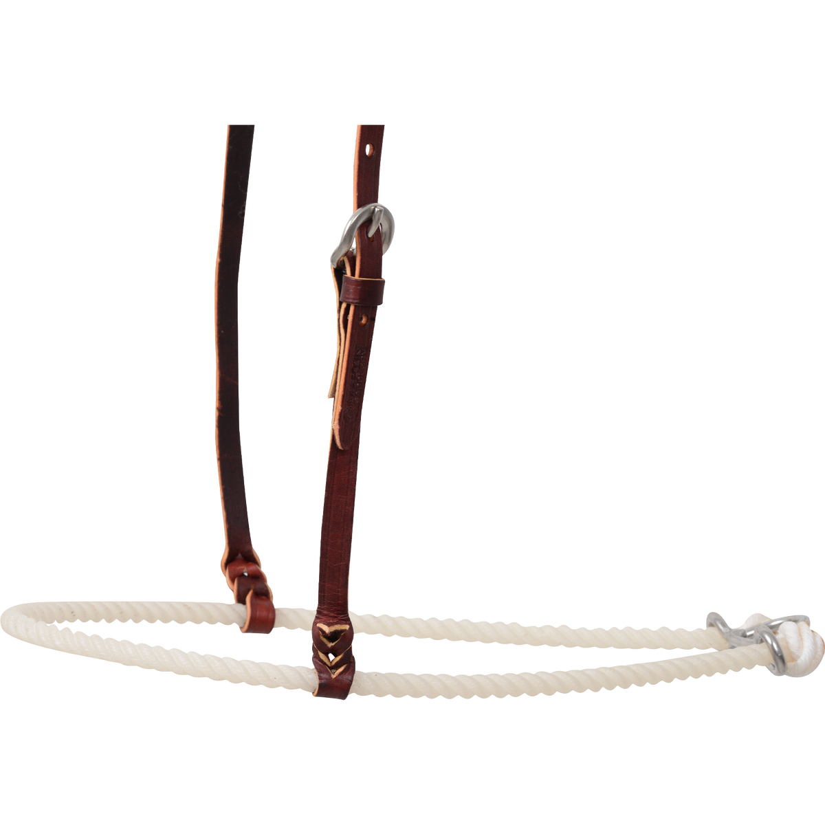 Uncovered white rope of a western single rope noseband, seen closer from the side. Leather hangers tie onto the rope, and hardware joins the rope ends at the back.