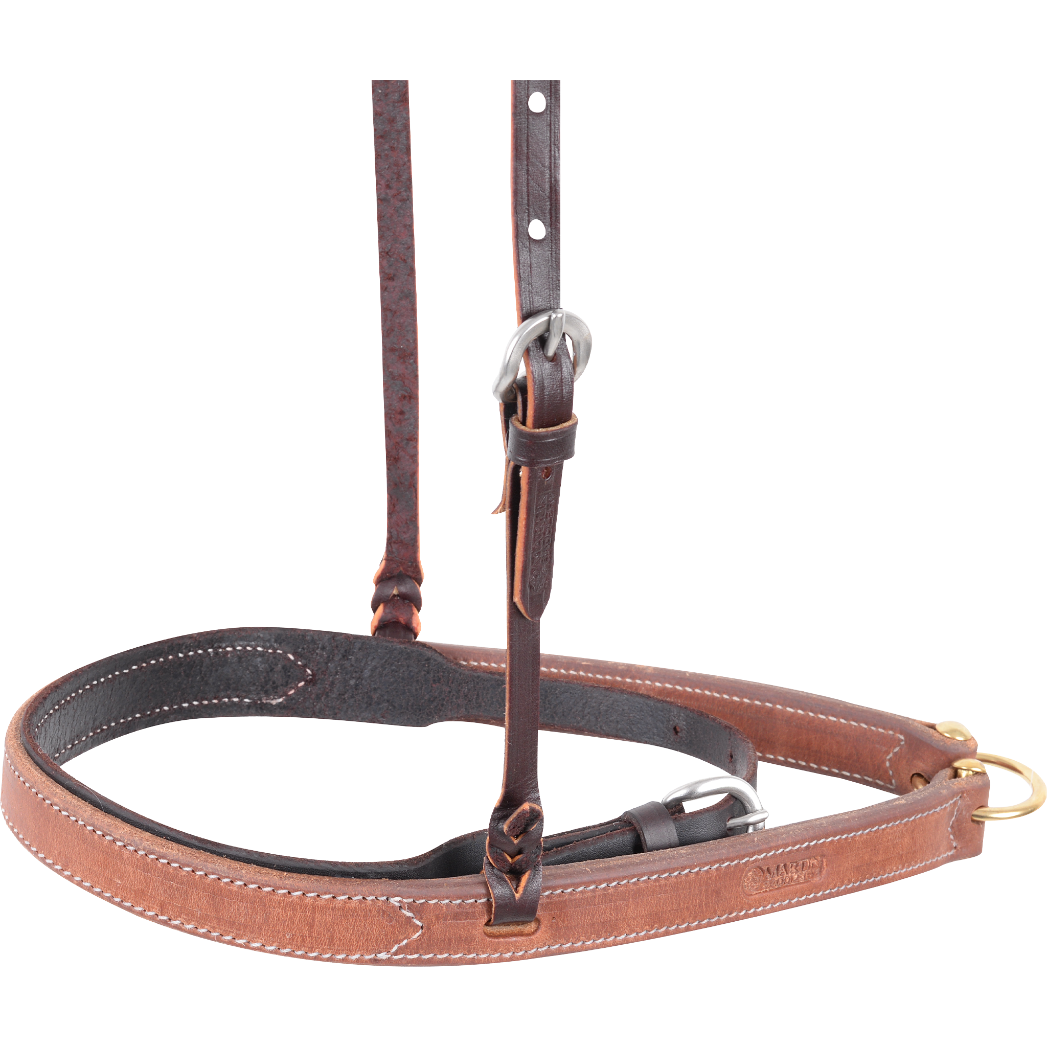 Noseband with cavesson seen closer from the front quarter. White stitching edges the leather noseband, and the dark inner cavesson strap fastens with its own buckle.