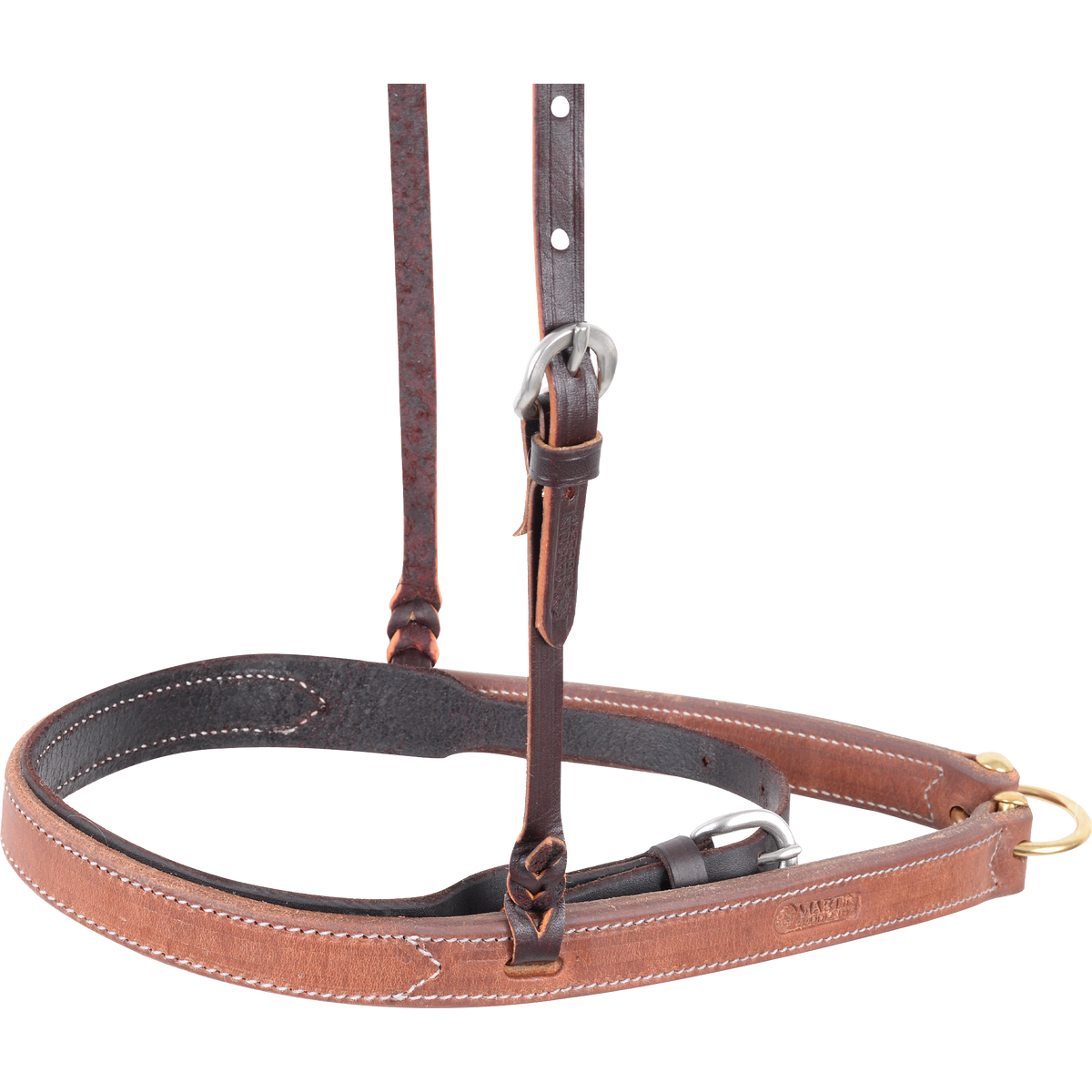 Noseband with cavesson seen closer from the front quarter. White stitching edges the leather noseband, and the dark inner cavesson strap fastens with its own buckle.