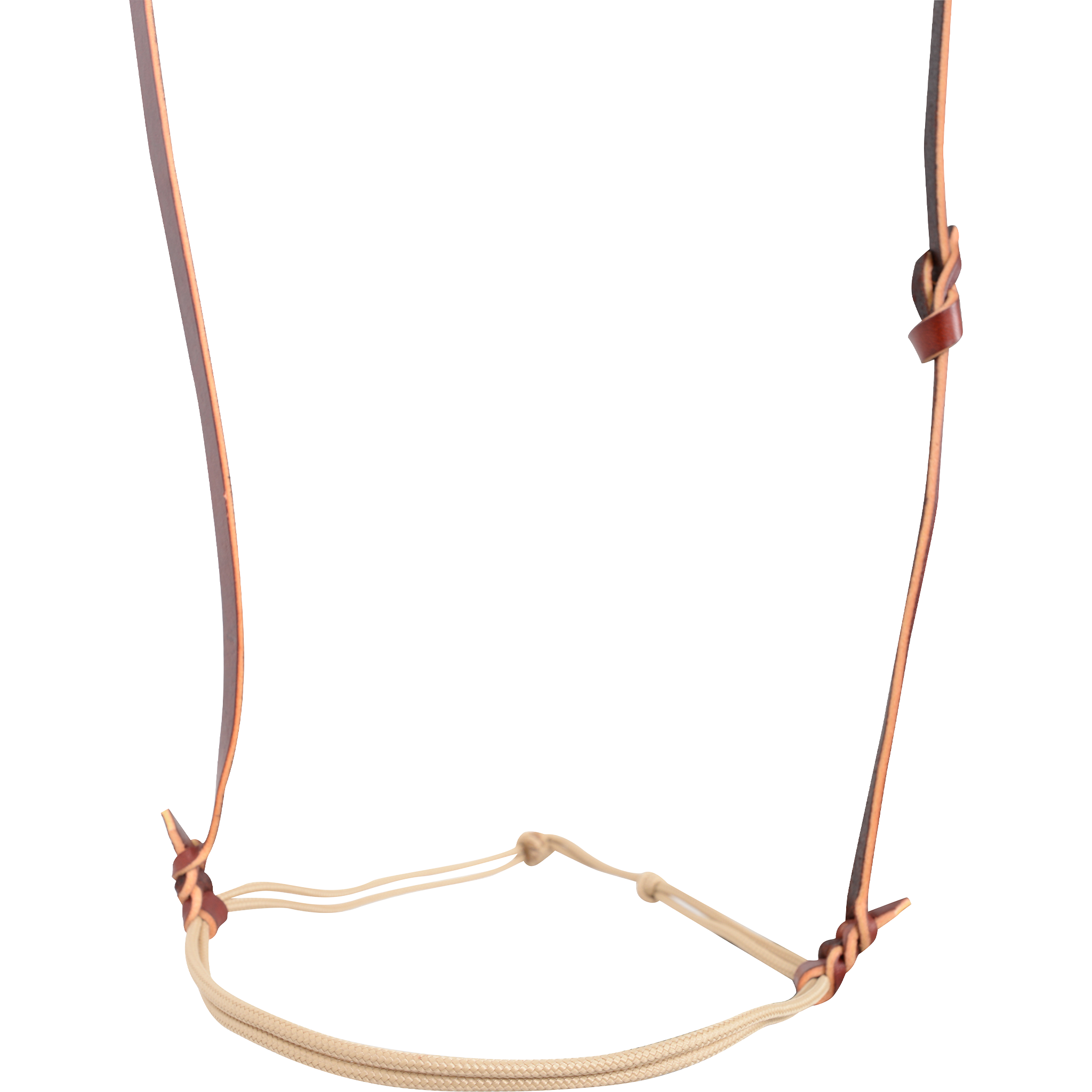Western string cavesson seen from the front. The light nylon cord noseband loops between dark leather cheek straps and adjusts with a sliding knot.
