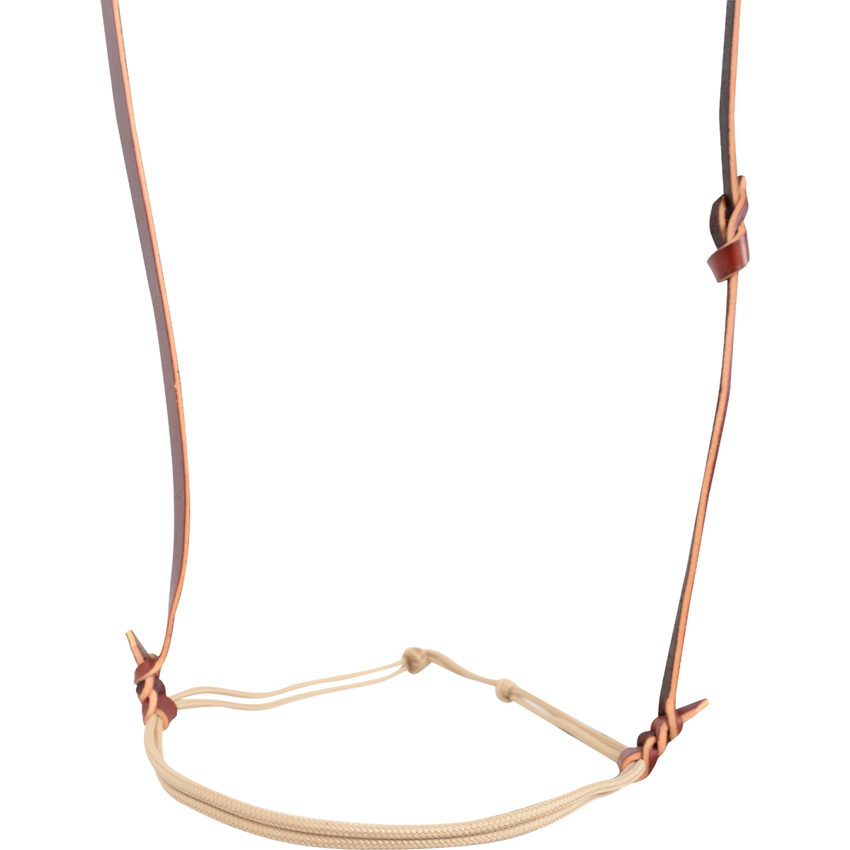Western string cavesson seen from the front. The light nylon cord noseband loops between dark leather cheek straps and adjusts with a sliding knot.