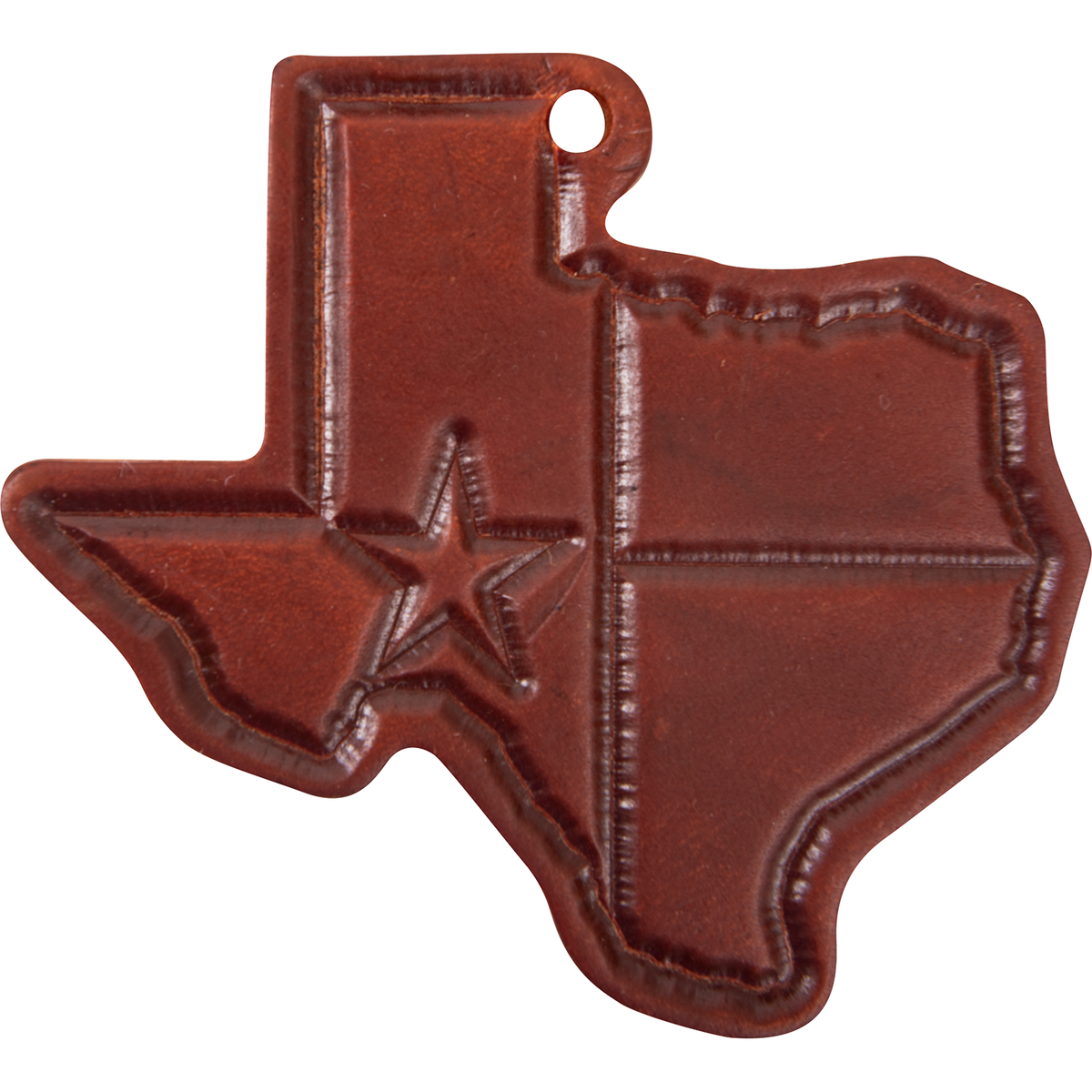 Leather air freshener shaped like Texas in a reddish brown, seen from the front. A star and flag lines are pressed into the face.