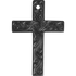 Tooled leather cross air freshener in black, seen from the front. The scroll tooling runs along each arm, and a hole at the top takes a hanging tie.