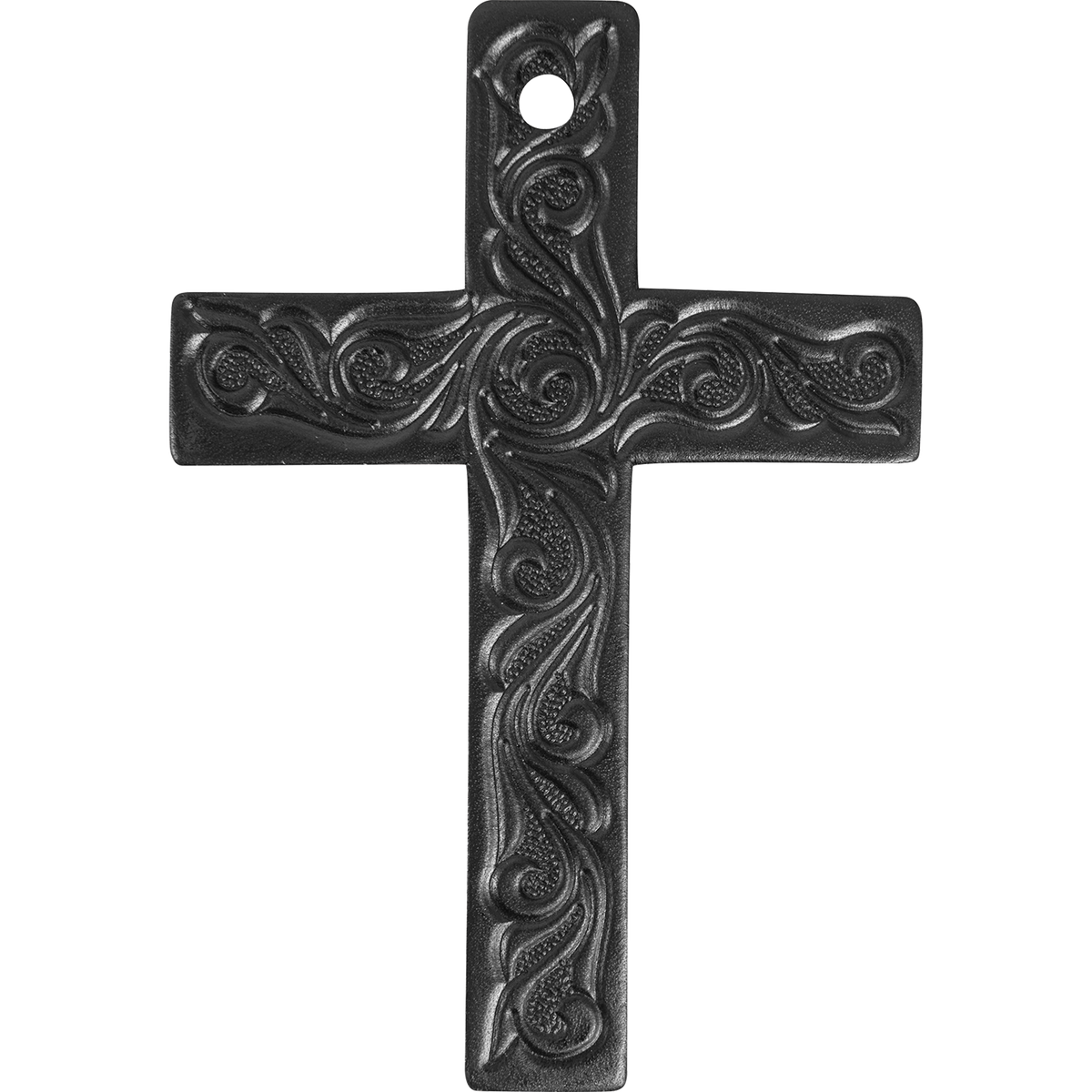 Tooled leather cross air freshener in black, seen from the front. The scroll tooling runs along each arm, and a hole at the top takes a hanging tie.