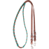 Turquoise latigo laced barrel rein, coiled and seen from above. The harness leather rein is laced with turquoise latigo through the grip section and ends in buckles with keeper snaps.
