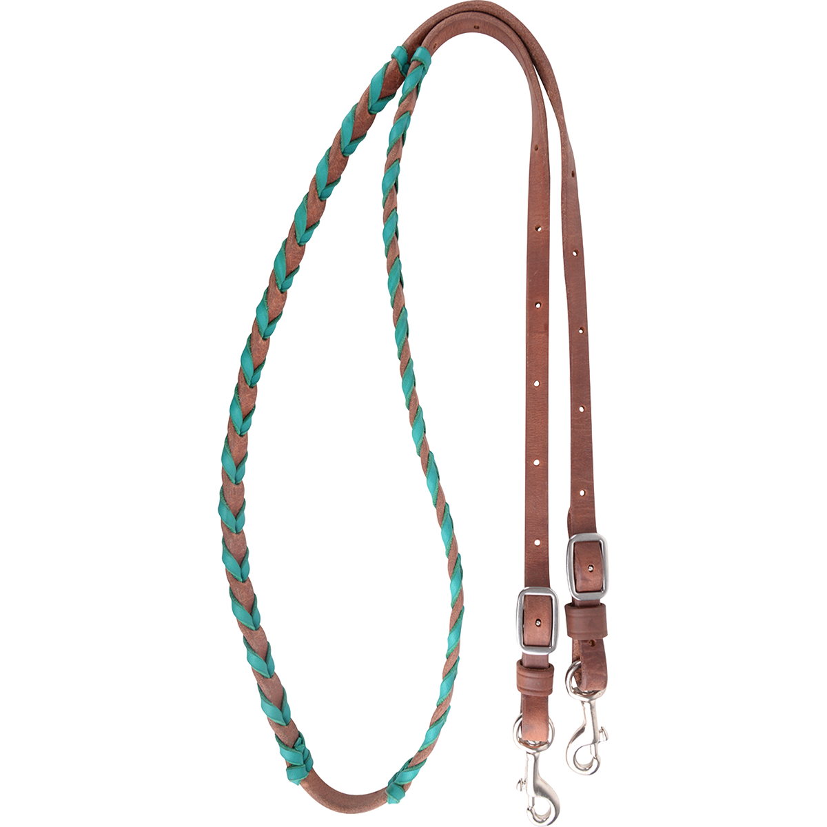 Turquoise latigo laced barrel rein, coiled and seen from above. The harness leather rein is laced with turquoise latigo through the grip section and ends in buckles with keeper snaps.