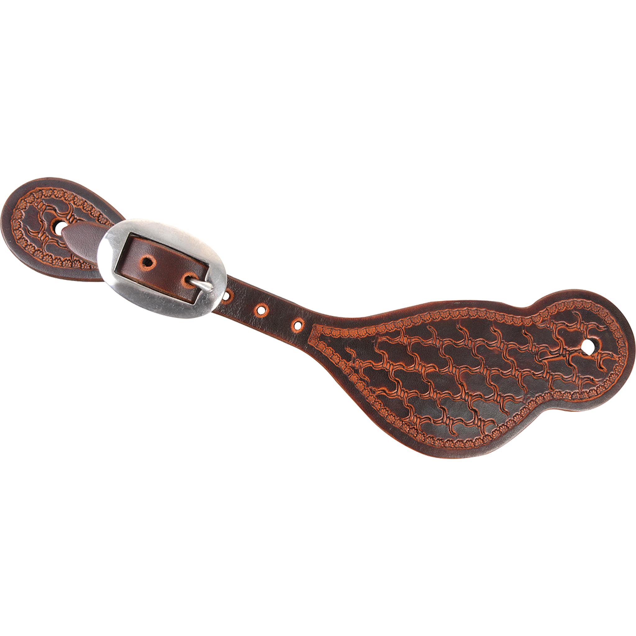 Tombstone spur strap with Twisted Wire tooling and a weathered antique finish, seen from above. The tooled pattern covers the wide end of the strap, which fastens with a cart buckle.