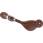 Tombstone spur strap with Twisted Wire tooling and a weathered antique finish, seen from above. The tooled pattern covers the wide end of the strap, which fastens with a cart buckle.