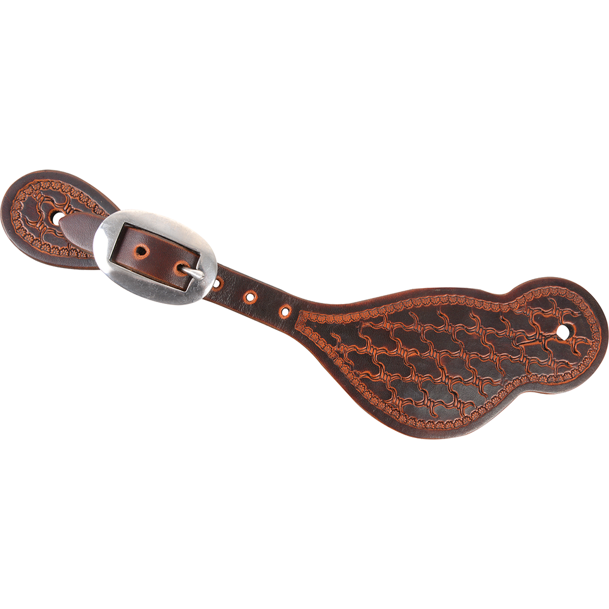 Tombstone spur strap with Twisted Wire tooling and a weathered antique finish, seen from above. The tooled pattern covers the wide end of the strap, which fastens with a cart buckle.
