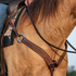 Western breast collar in weathered antique leather on a buckskin horse, seen at the shoulder. The weave stamped strap with stitched edges runs from a ring and buckle at the saddle down to the center of the chest.