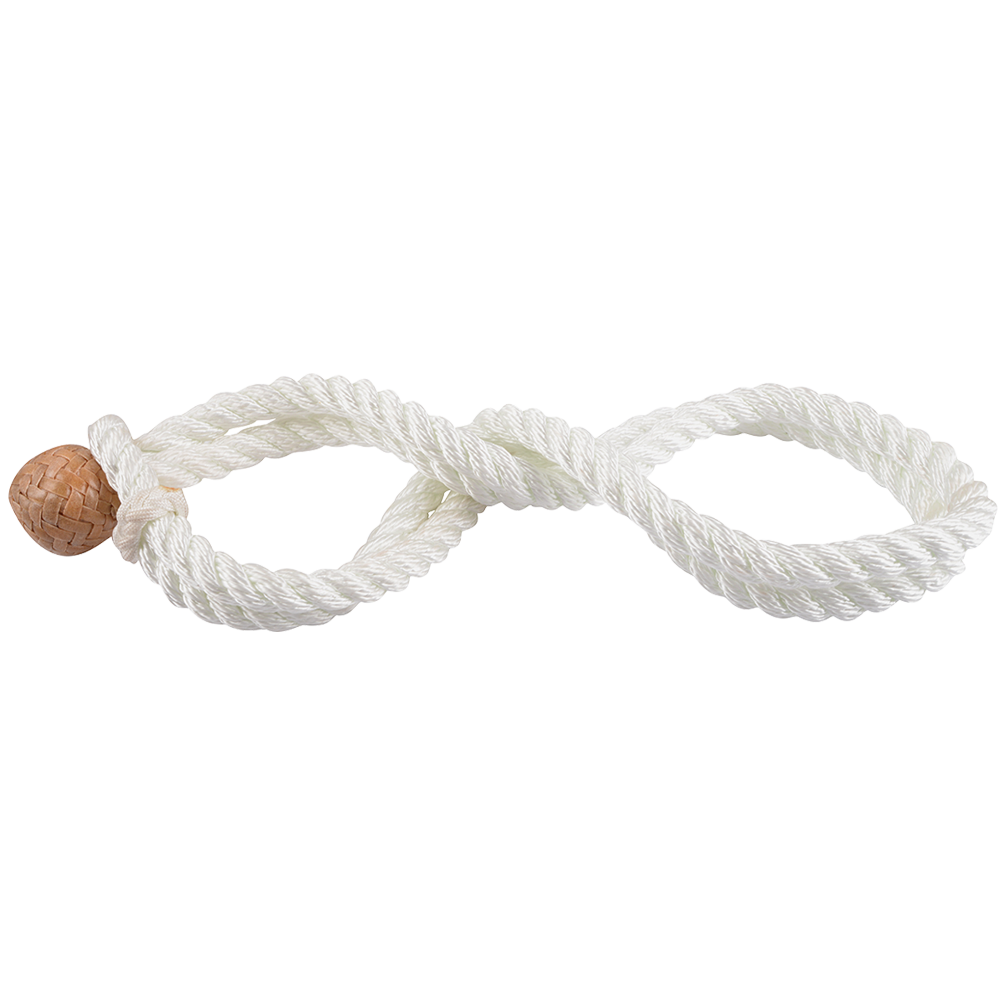 White rope hobbles, laid flat and seen from above. The twisted rope forms loops for each leg and fastens with a brown button knot at one end.