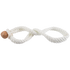 White rope hobbles, laid flat and seen from above. The twisted rope forms loops for each leg and fastens with a brown button knot at one end.