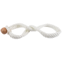 White rope hobbles, laid flat and seen from above. The twisted rope forms loops for each leg and fastens with a brown button knot at one end.