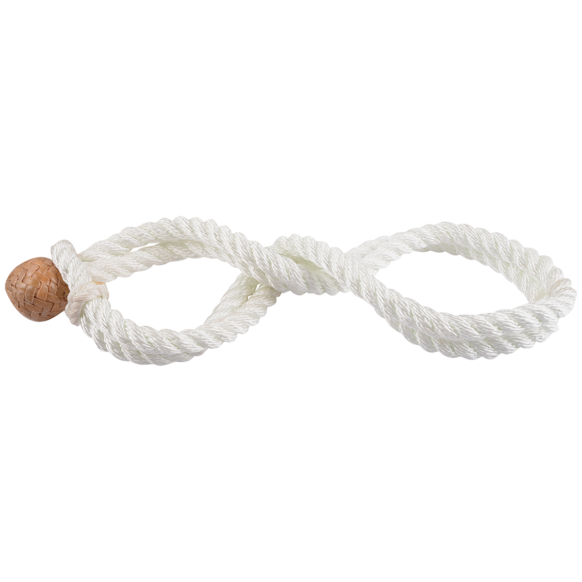 White rope hobbles, laid flat and seen from above. The twisted rope forms loops for each leg and fastens with a brown button knot at one end.