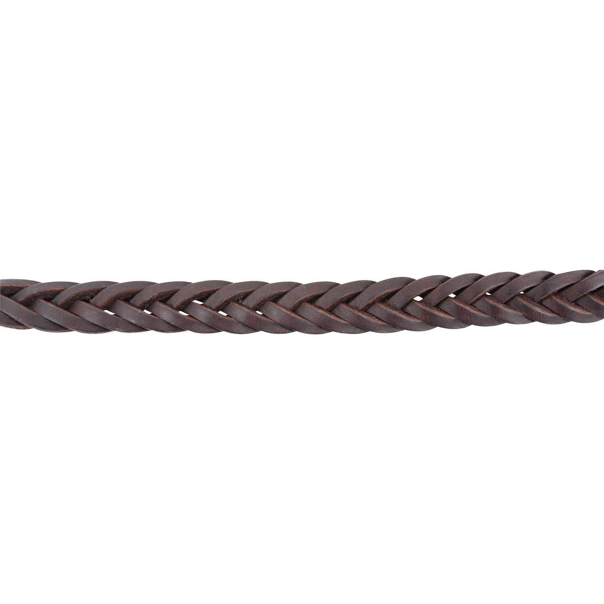 Wide chocolate latigo braid of a 7/8-inch roping rein, seen up close. The 5 plait strands lie flat in an even braid.
