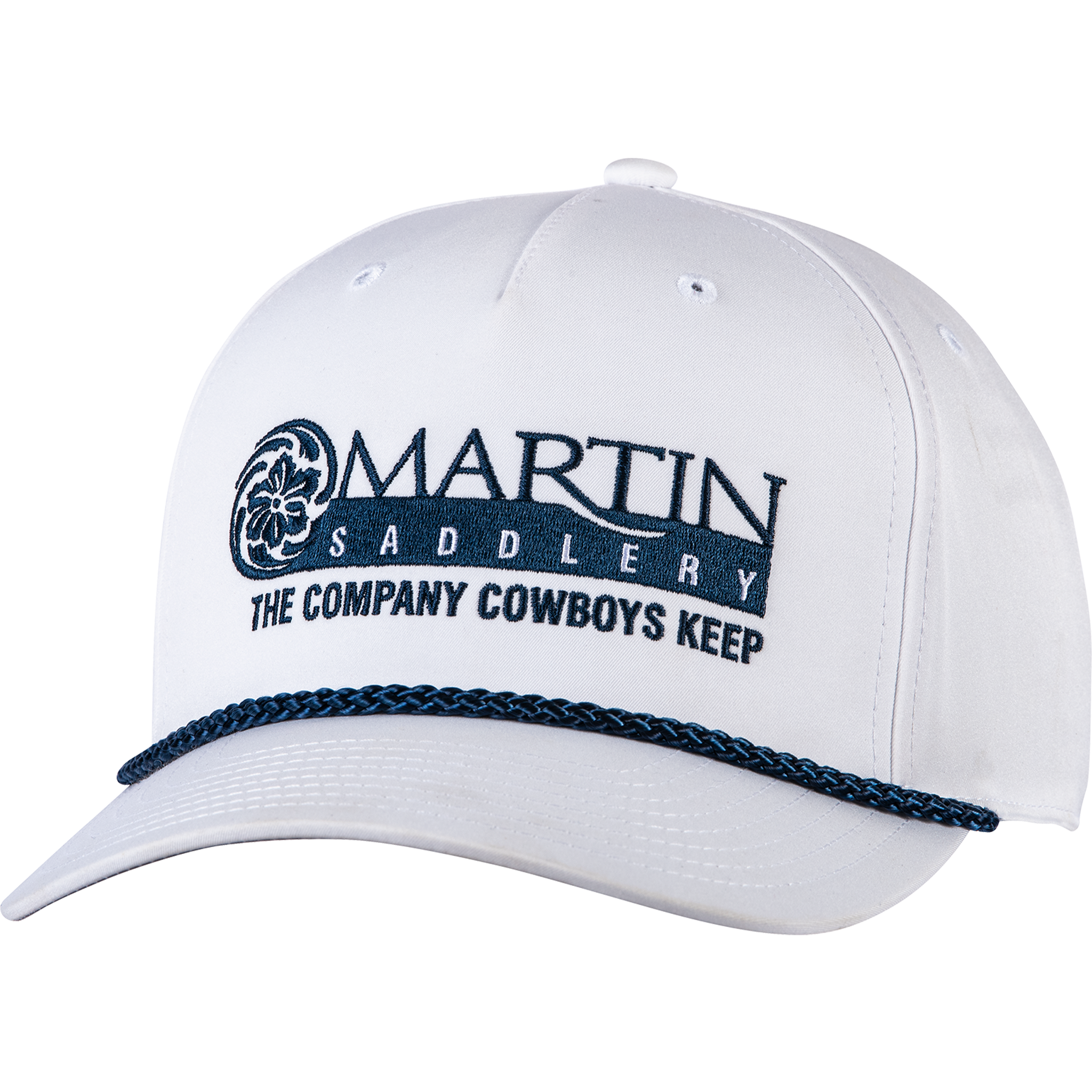 White five panel cap seen from the front at a slight angle. A navy embroidered Martin Saddlery logo with the words The Company Cowboys Keep sits above a braided navy rope across the bill.