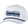 White five panel cap seen from the front at a slight angle. A navy embroidered Martin Saddlery logo with the words The Company Cowboys Keep sits above a braided navy rope across the bill.