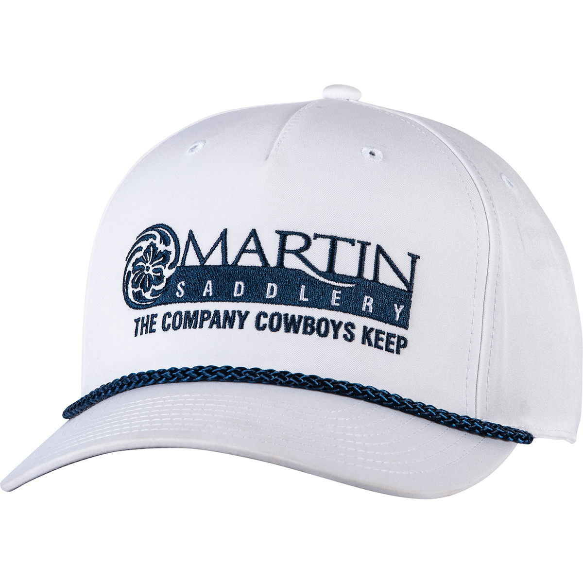 White five panel cap seen from the front at a slight angle. A navy embroidered Martin Saddlery logo with the words The Company Cowboys Keep sits above a braided navy rope across the bill.