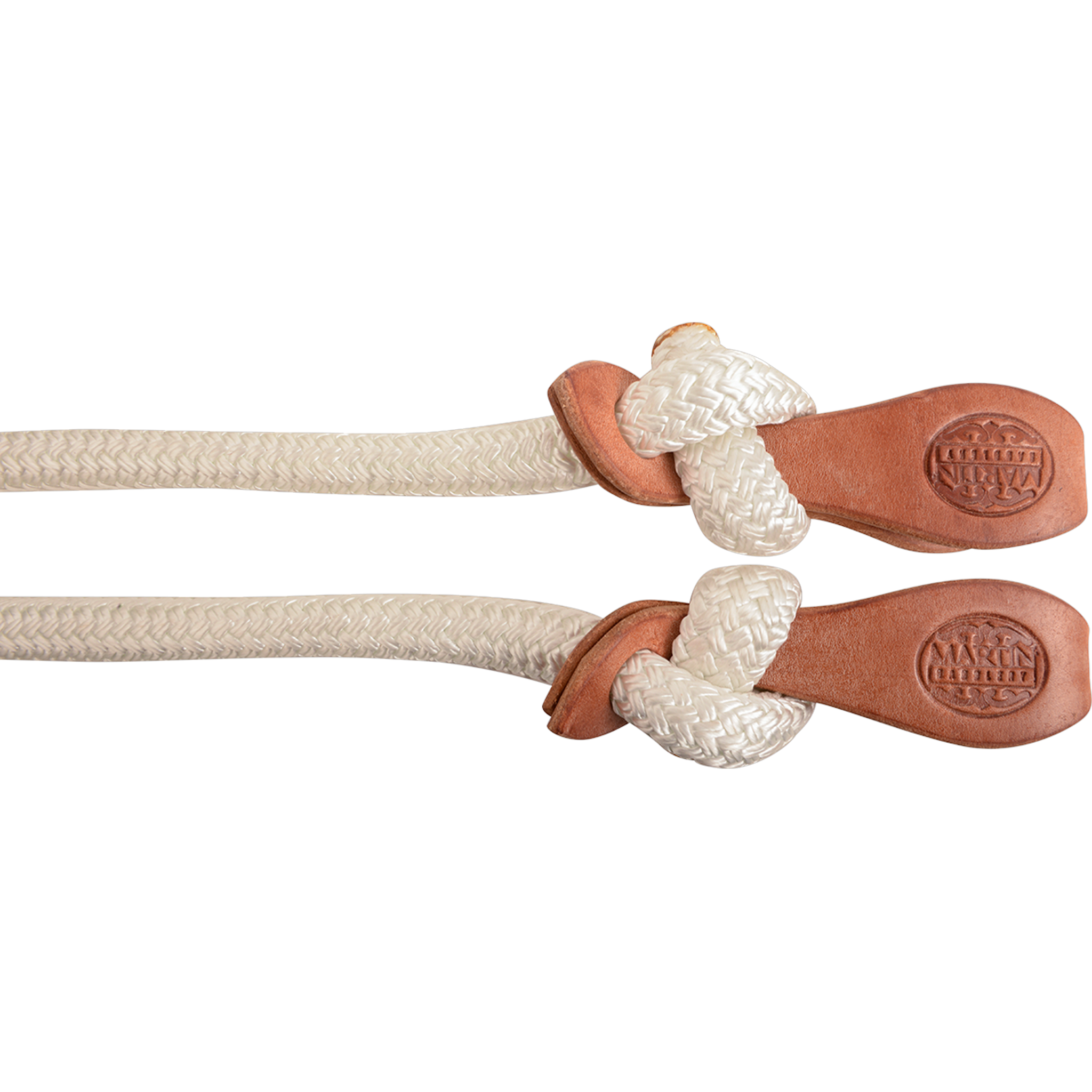 Ends of a white nylon loping rein, seen up close. Each braided rein end is knotted through a stamped leather tab.