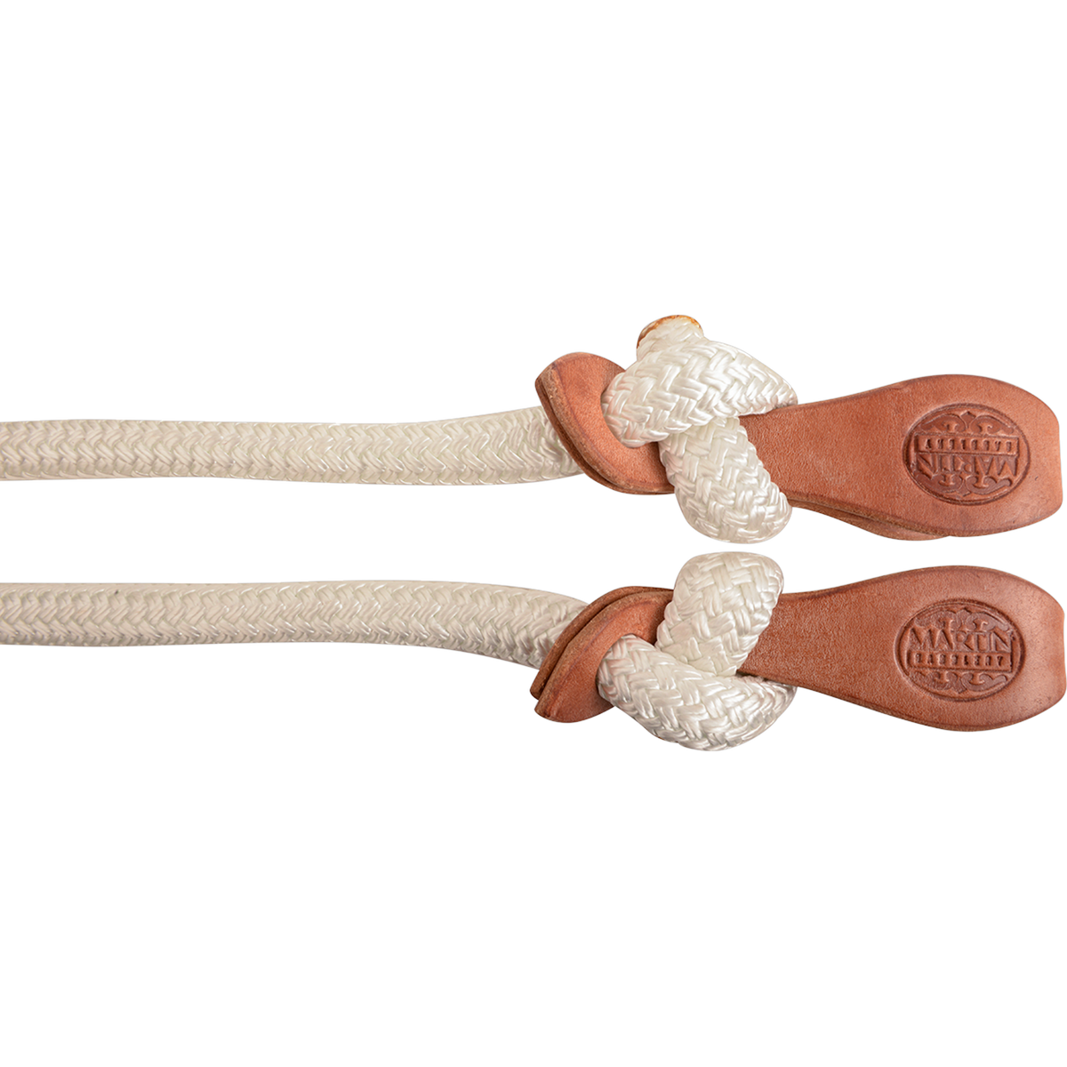 Ends of a white nylon loping rein, seen up close. Each braided rein end is knotted through a stamped leather tab.