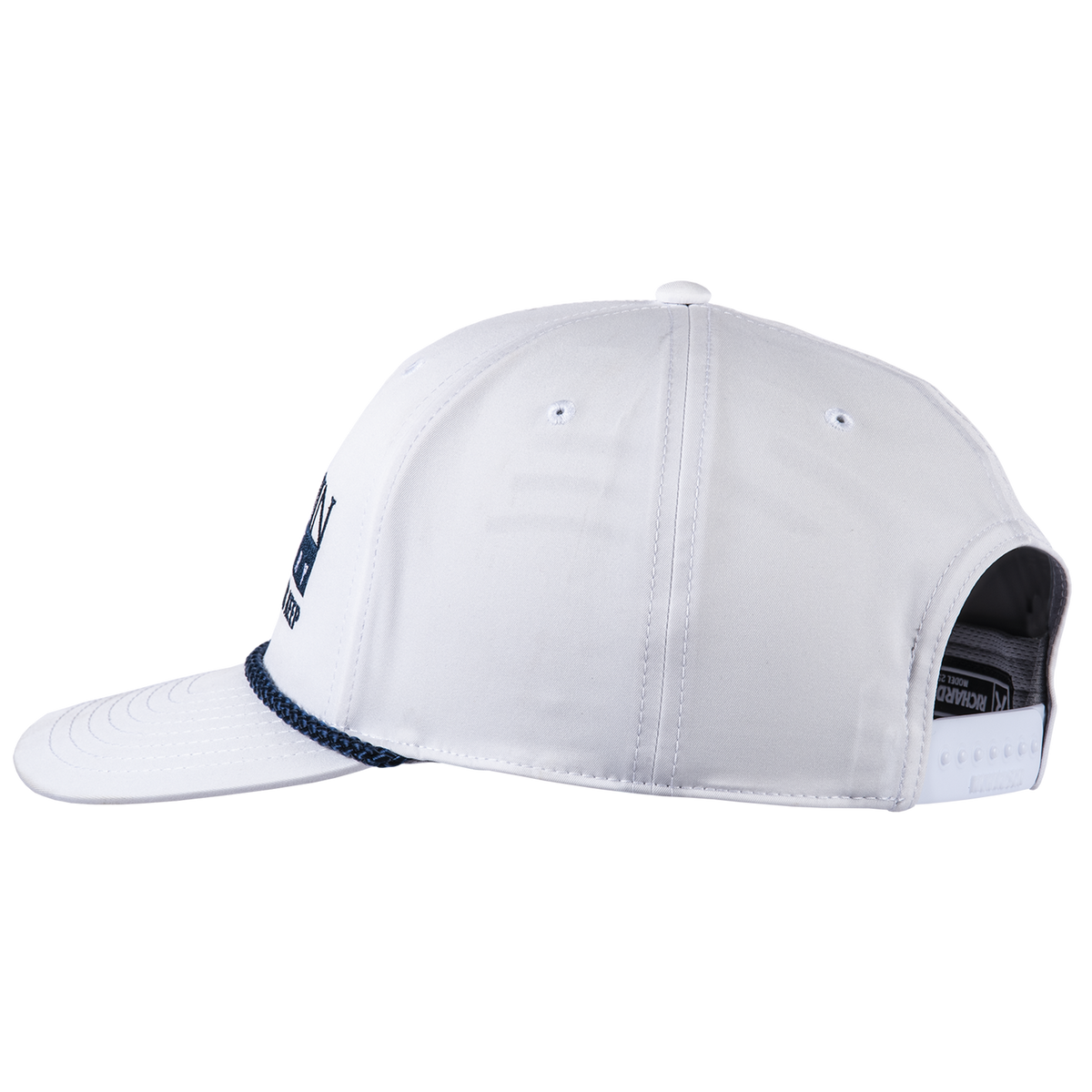 White rope hat seen from the side, showing the smooth performance fabric and the braided rope along the bill. A snap closure sits at the back.