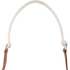 White poll rope of an adjustable headsetter tie-down, seen up close. The twisted rope arches between rings that join it to the stitched leather cheek pieces.