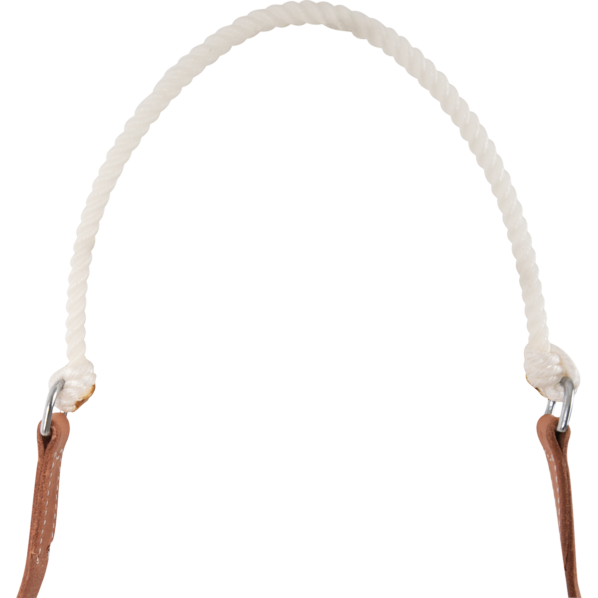 White poll rope of an adjustable headsetter tie-down, seen up close. The twisted rope arches between rings that join it to the stitched leather cheek pieces.