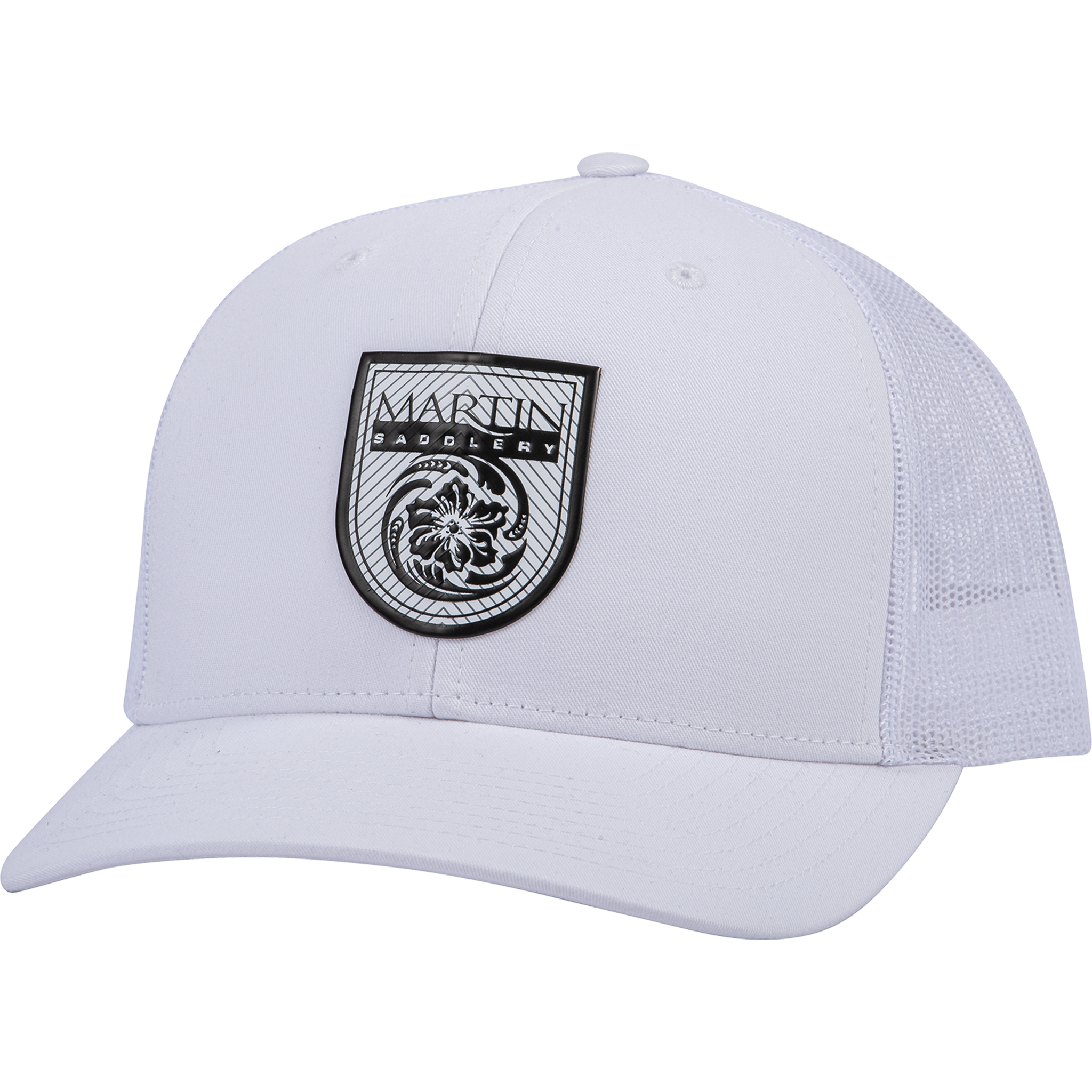 White trucker cap seen from the front at a slight angle. A black shield logo patch reading Martin Saddlery sits on the front panels, with a precurved bill and a white mesh back.