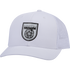White trucker cap seen from the front at a slight angle. A black shield logo patch reading Martin Saddlery sits on the front panels, with a precurved bill and a white mesh back.