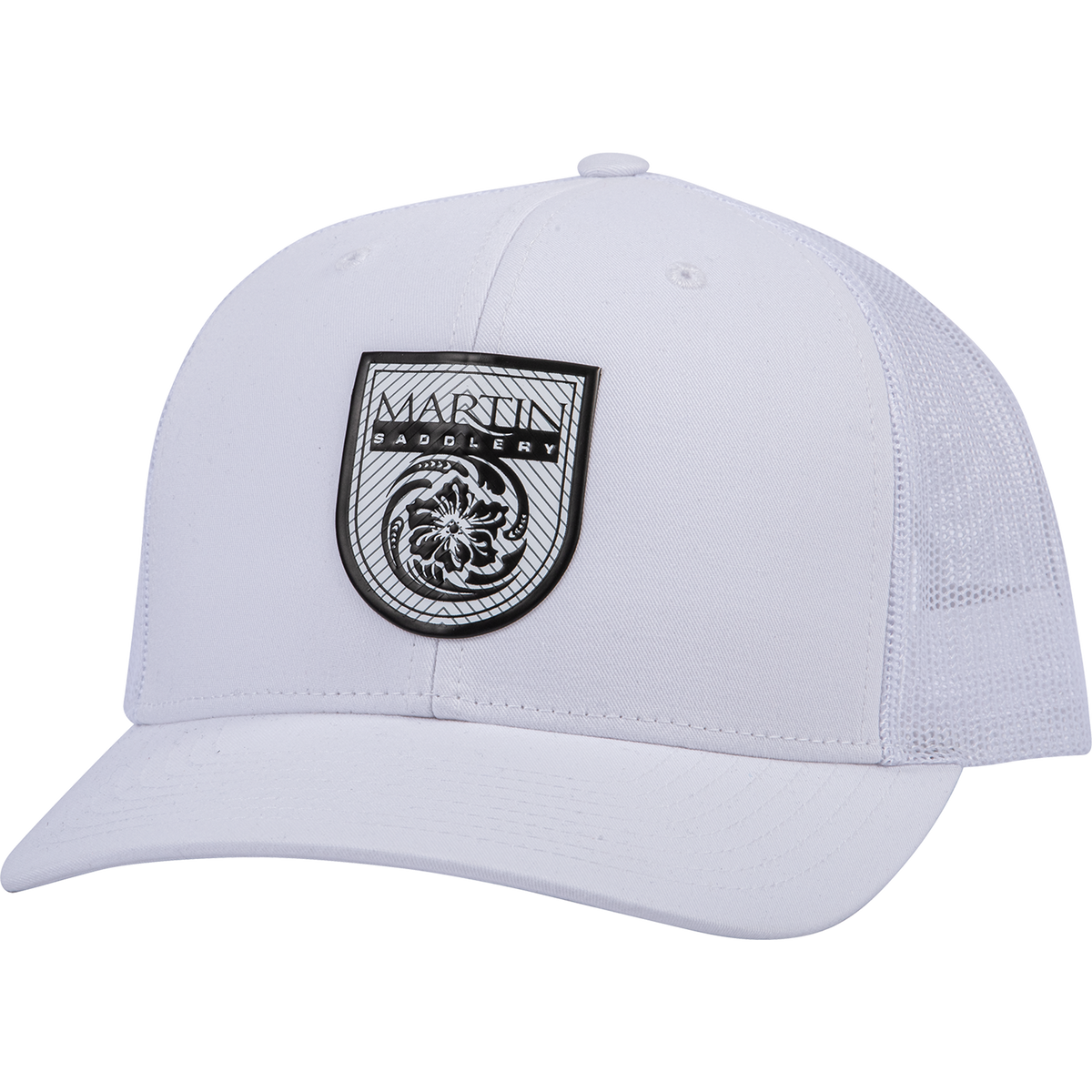 White trucker cap seen from the front at a slight angle. A black shield logo patch reading Martin Saddlery sits on the front panels, with a precurved bill and a white mesh back.
