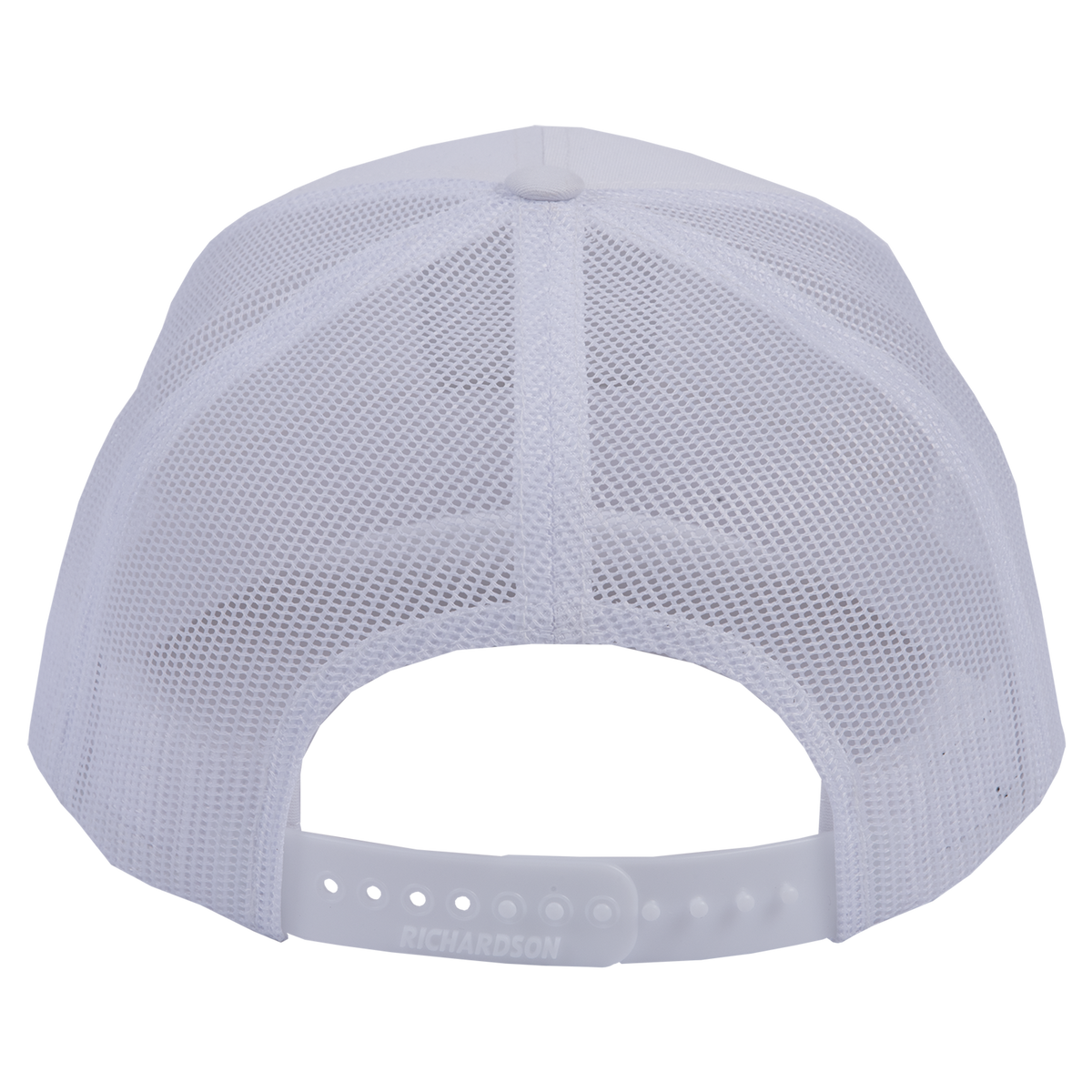 White trucker cap seen from the back. The mesh panels and adjustable snap closure are visible on this Original Hat x Martin Saddlery cap.