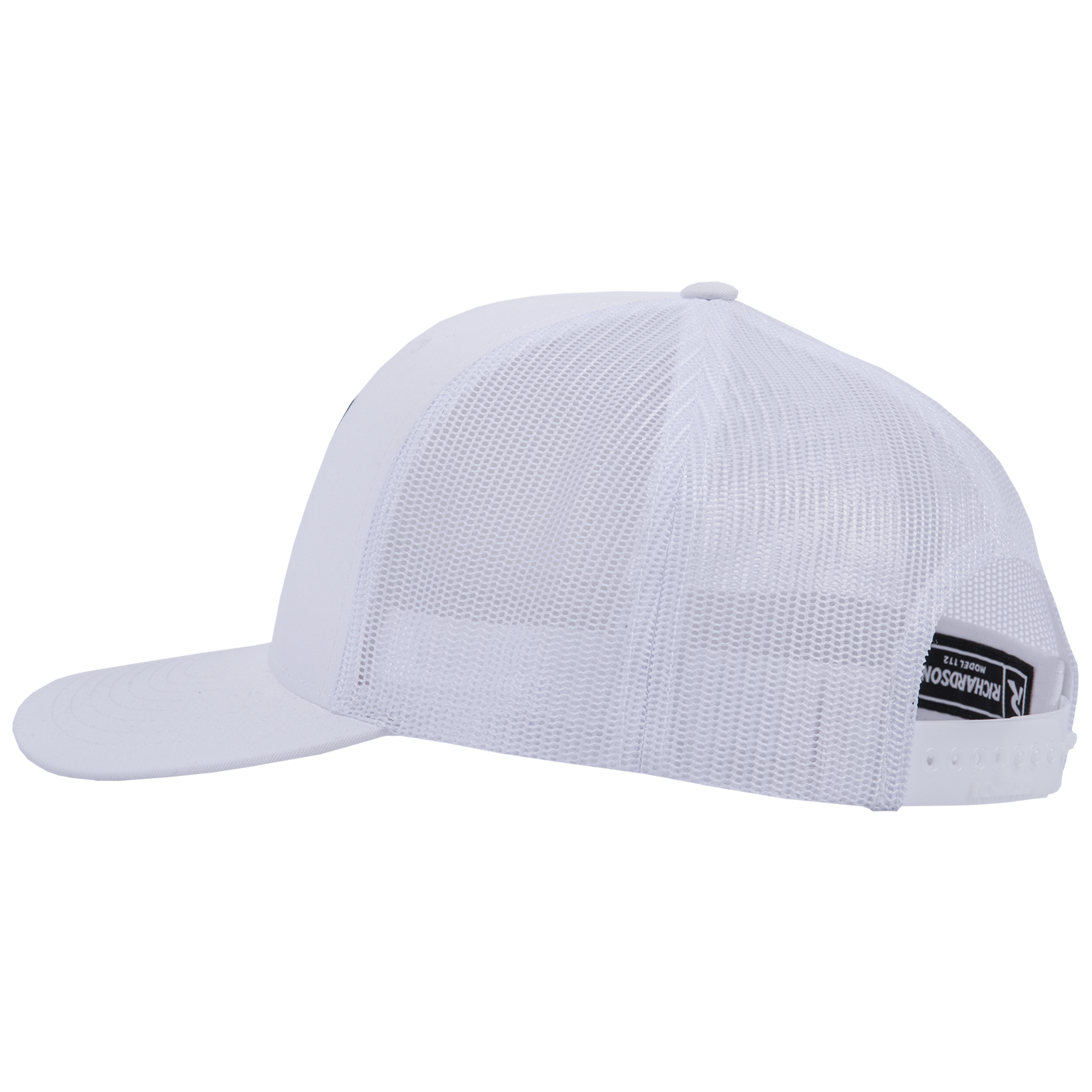 White trucker cap seen from the side, showing the breathable mesh back and precurved bill. An adjustable snap closure sits at the back of this Martin Saddlery cap.