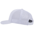 White trucker cap seen from the side, showing the breathable mesh back and precurved bill. An adjustable snap closure sits at the back of this Martin Saddlery cap.