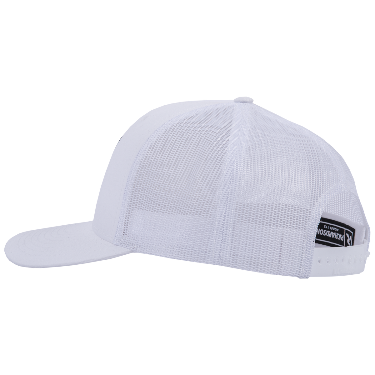 White trucker cap seen from the side, showing the breathable mesh back and precurved bill. An adjustable snap closure sits at the back of this Martin Saddlery cap.