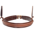 Front of a latigo lined harness noseband, seen up close. The natural leather face with white stitching sits on the dark lining, which wraps around to a ring behind.