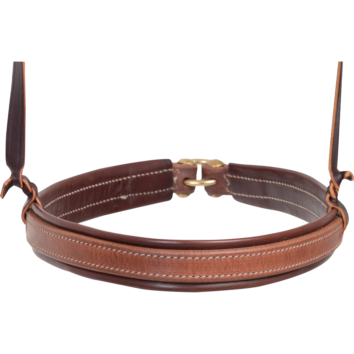 Front of a latigo lined harness noseband, seen up close. The natural leather face with white stitching sits on the dark lining, which wraps around to a ring behind.